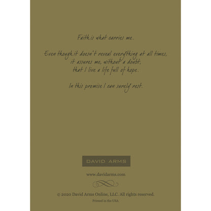 The olive-green back side of the greeting card, featuring a quote by artist David Arms.