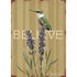 An illustration featuring a green and white hummingbird sitting on lavender flowers over a striped tan background, with "BELIEVE" printed in light tan behind the flowers.