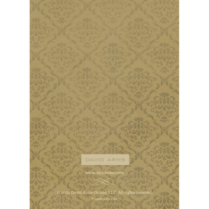 The back side of the greeting card, featuring a gold damask pattern on a brown background, created by David Arms.