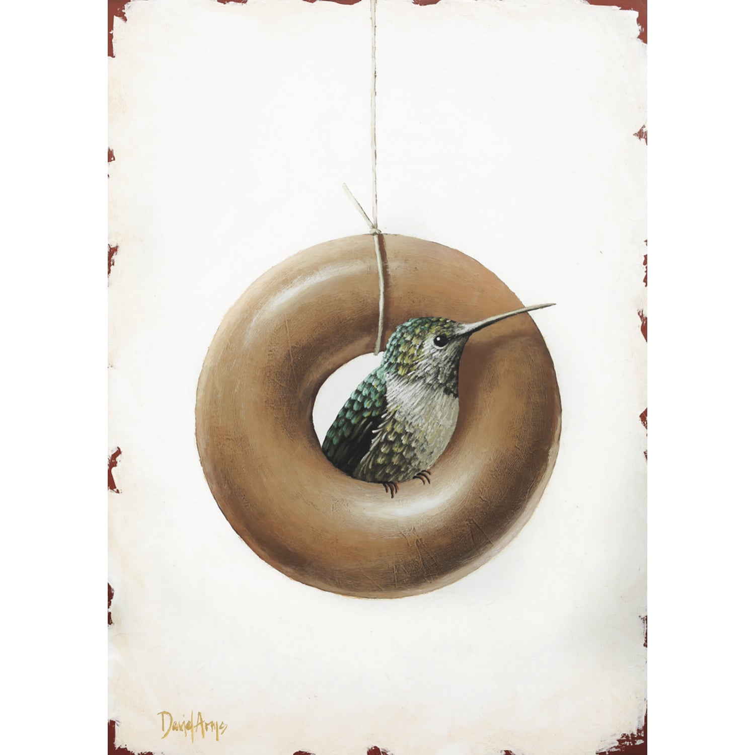 An illustration of a hummingbird resting in the hole of a glazed donut hanging by a piece of twine over an off-white background.