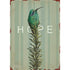 An illustration of a green hummingbird resting on top of a sprig or rosemary over a teal striped background, with "HOPE" printed in white behind the bird.