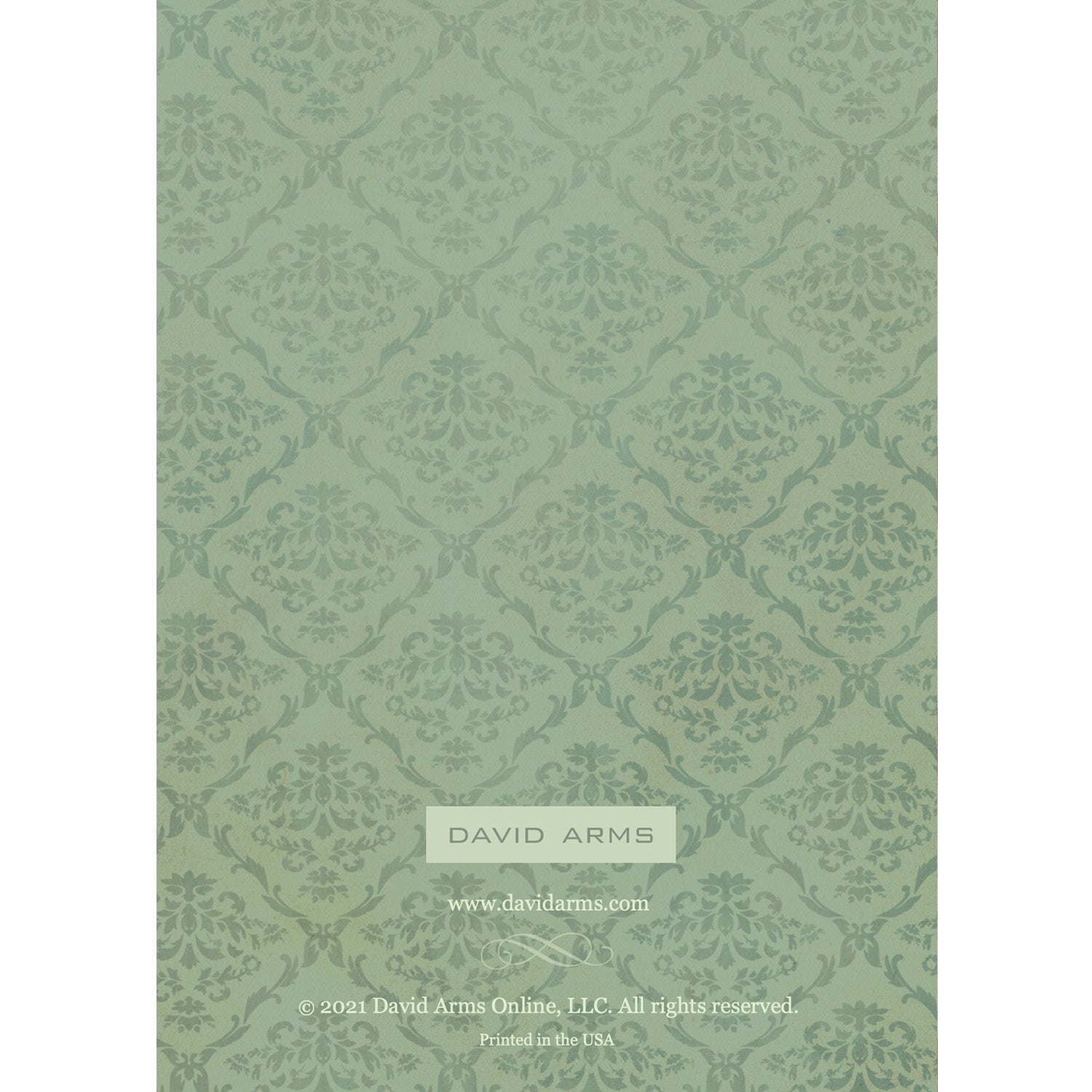 The green damask pattern back side of the greeting card designed by David Arms.