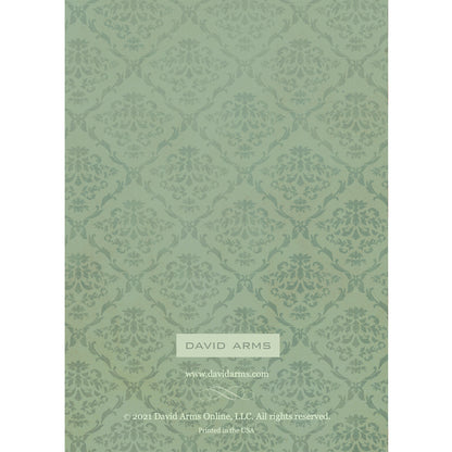 The green damask pattern back side of the greeting card designed by David Arms.