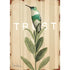 A illustration of a white and green hummingbird resting on a sprig of sage over a beige-striped background, with "TRUST" printed in white behind the bird.