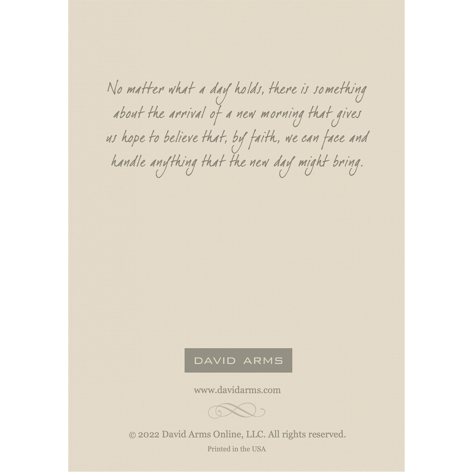 The tan back side of the greeting card, featuring a quote from artist David Arms.