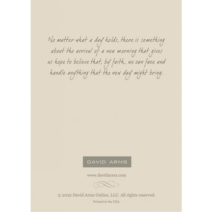 The tan back side of the greeting card, featuring a quote from artist David Arms.