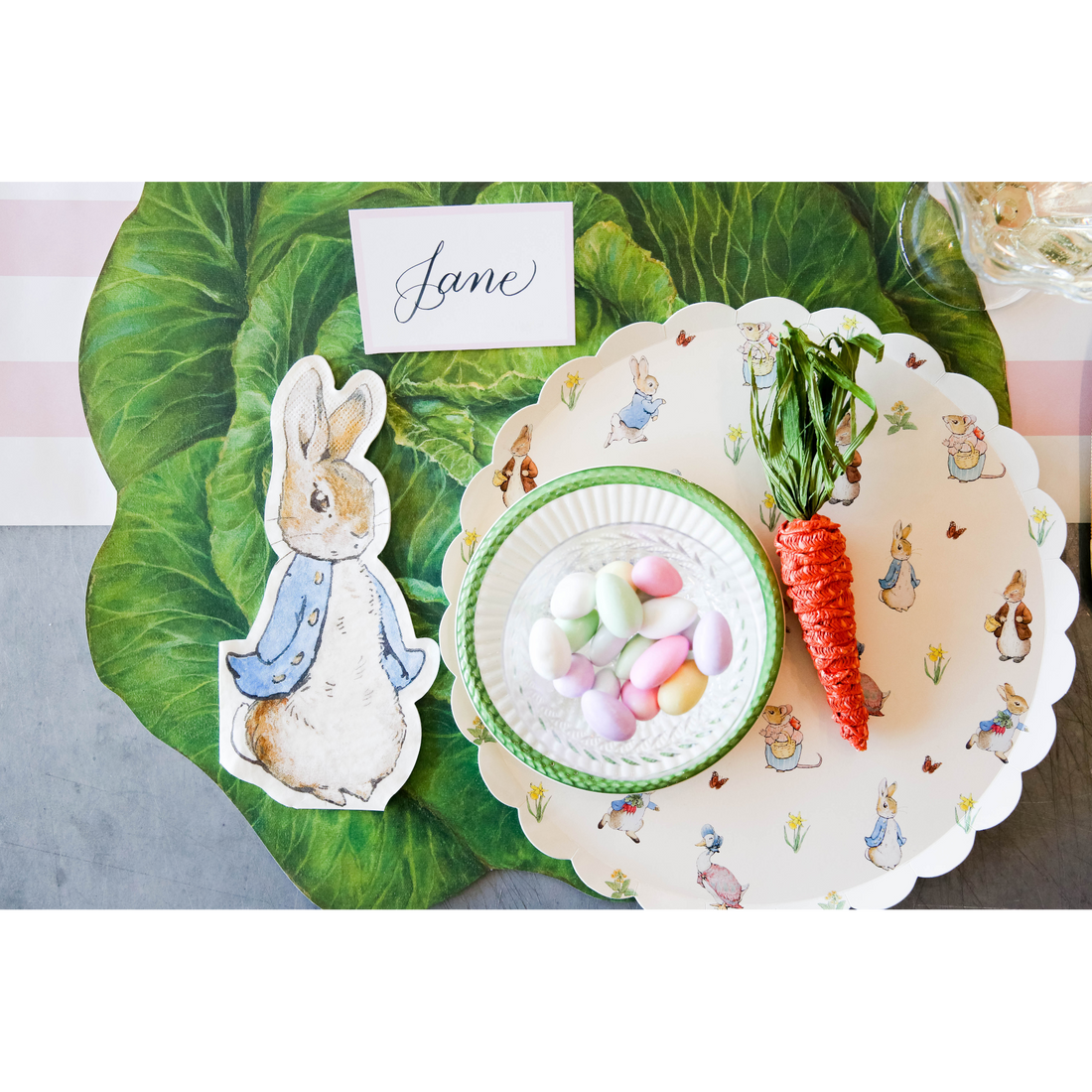 The Die-cut Cabbage Placemat under an Easter-themed place setting, from above.