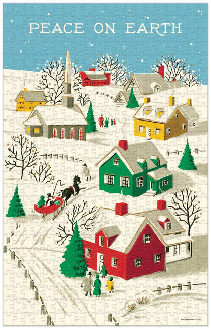 Completed Peace on Earth puzzle with image of snowy village scene 