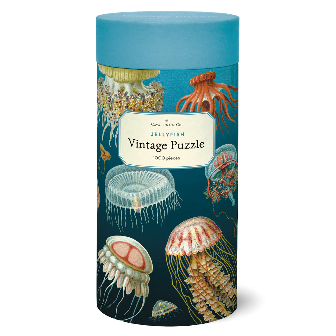 A 1000-piece Cavallini Papers &amp; Co Jellyfish Puzzle featuring vintage illustrations of various jellyfish species from the Cavallini archives, packaged in a cylindrical box.