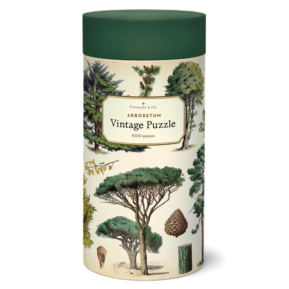 A 1000-piece Arboretum Puzzle featuring arboretum-themed vintage illustrations, packaged in a cylindrical container by Cavallini Papers &amp; Co.