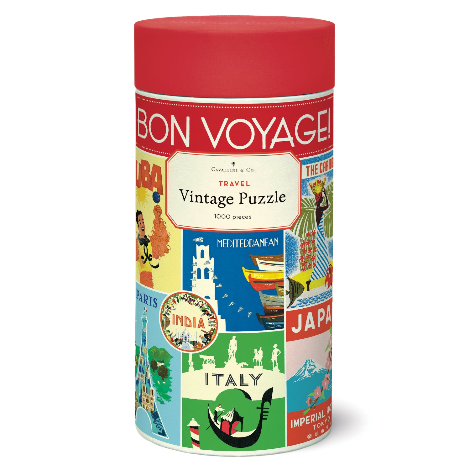 Bon voyage Cavallini Papers &amp; Co vintage travel puzzle with illustrations.