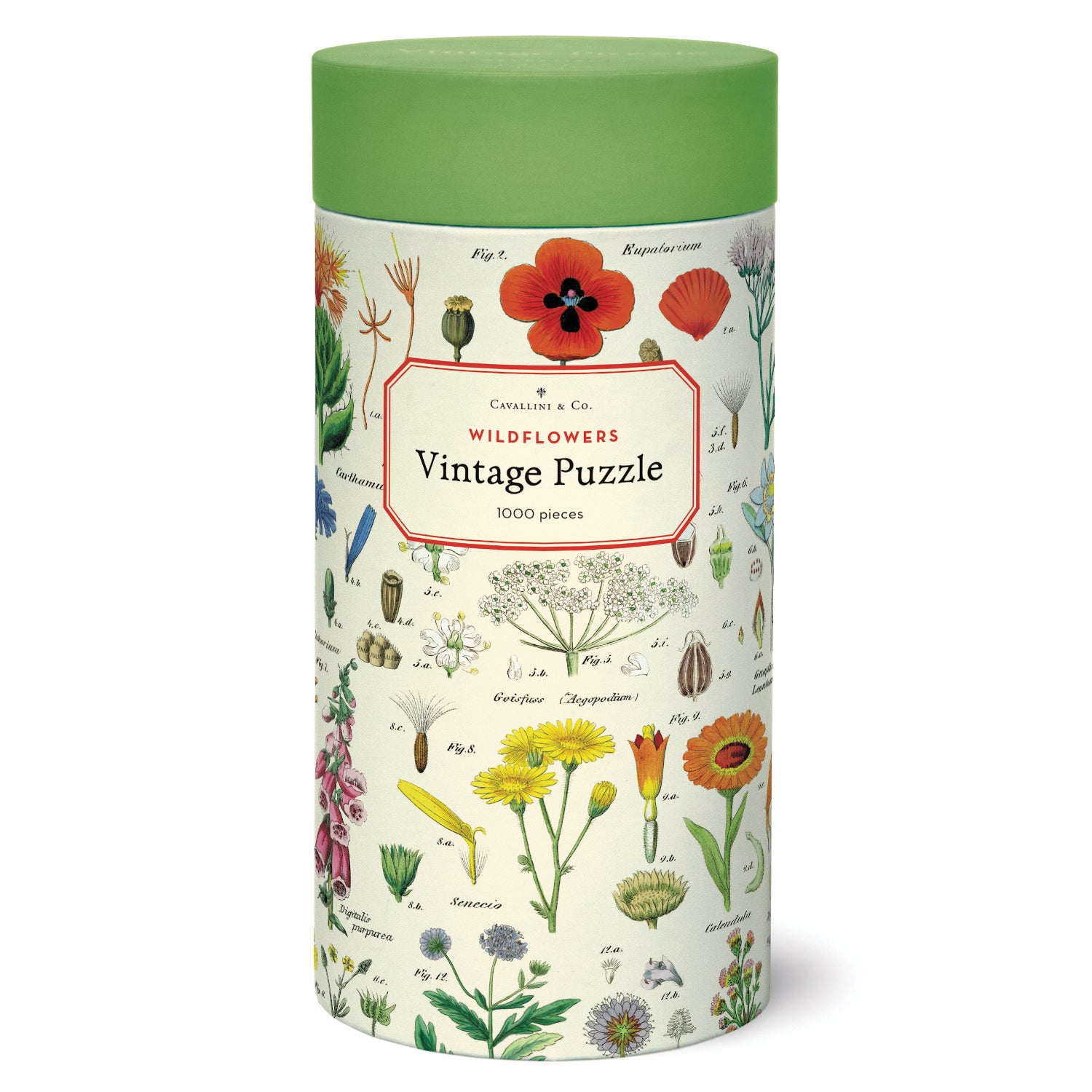 A Cavallini Papers &amp; Co cylindrical container with a Wildflowers Puzzle design, containing 1000 pieces.