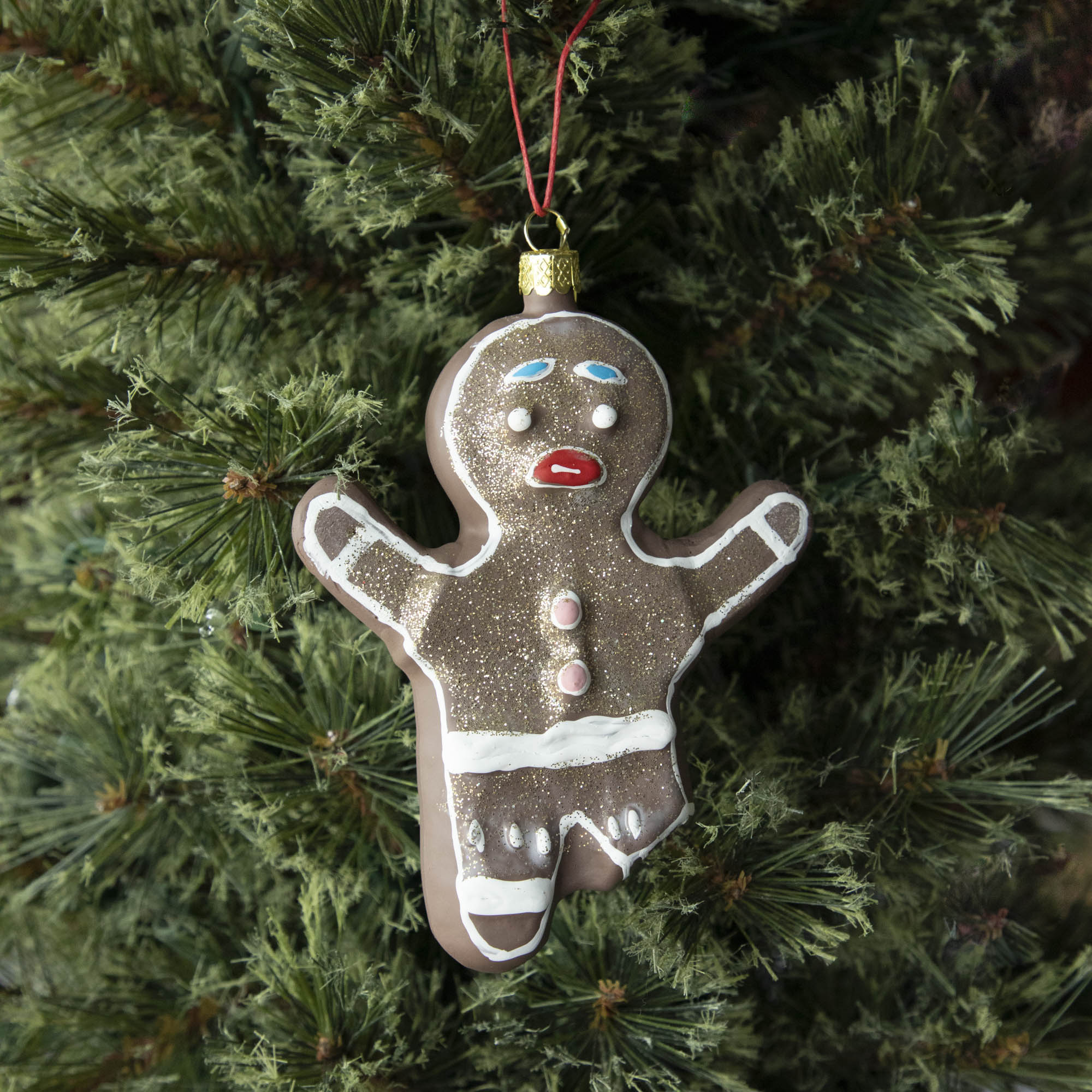 The Poor Gingerbread Man Ornament with a bitten off leg hanging in a Christmas Tree.