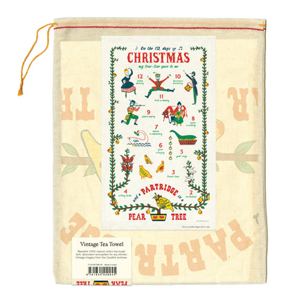 A Cavallini Papers &amp; Co Twelve Days of Christmas tea towel featuring an image of Santa Claus, made from natural cotton.