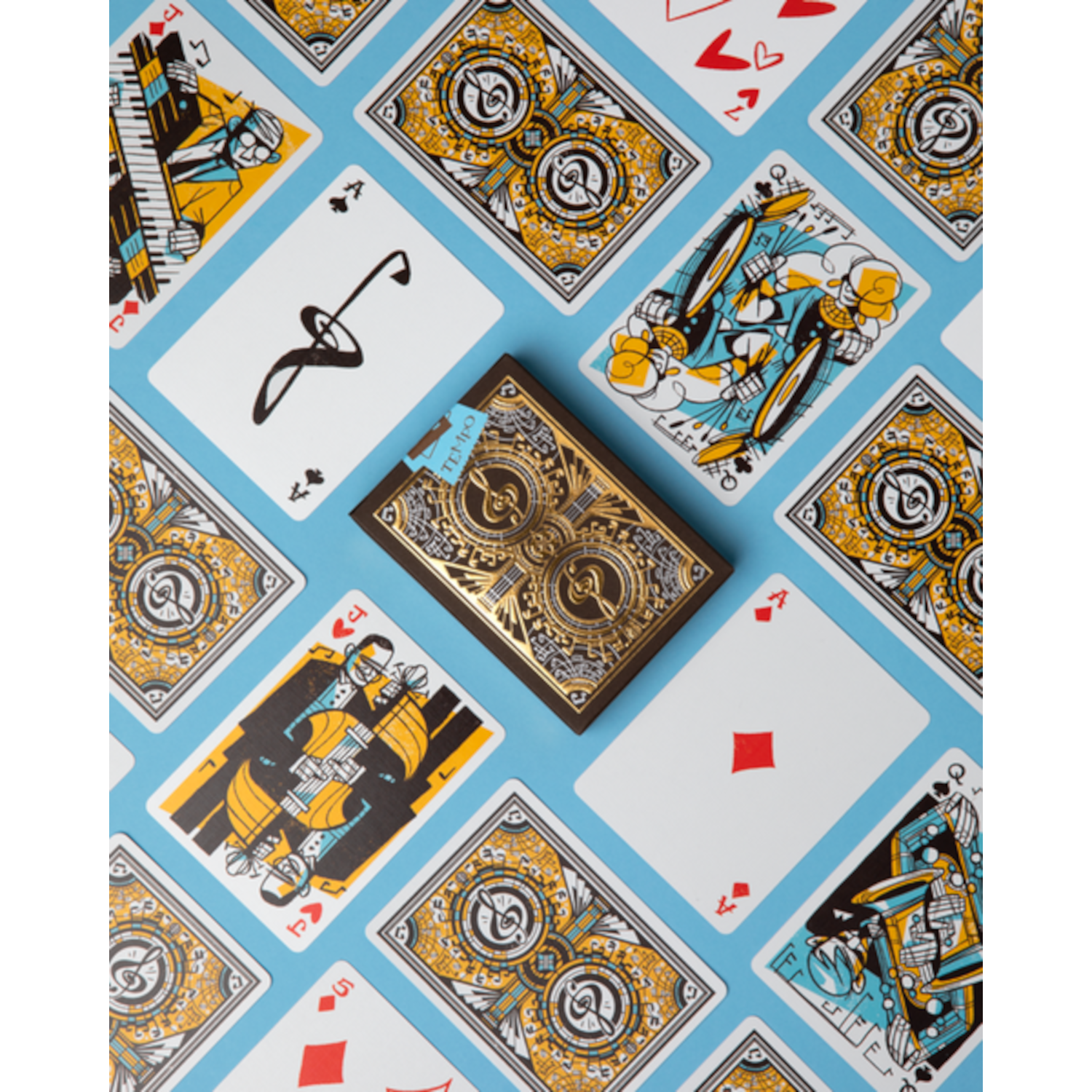 A set of Tempo Playing Cards on a blue background by Art of Play.