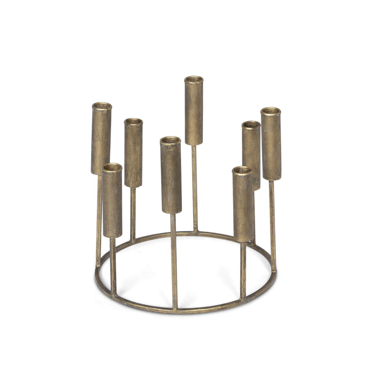 A short, iron taper candle holder with eight slots in various heights, against a white background.