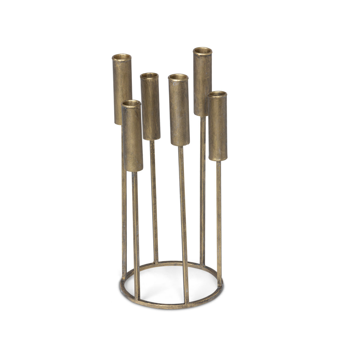 A long iron taper candle holder with six slots in various heights, against a white background.