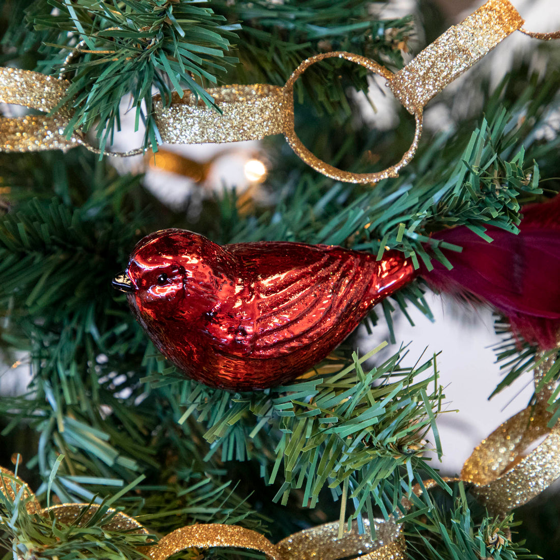 Red Glass Bird with Tail Feathers