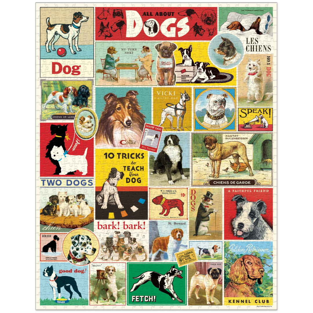 A Dog Puzzle from Cavallini Papers &amp; Co, designed with vintage illustrations and featuring various dog breeds on the packaging.