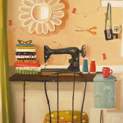 A framed Hipster Crafter Small Art Print by Janet Hill of a vintage sewing machine and various sewing accessories on a table.