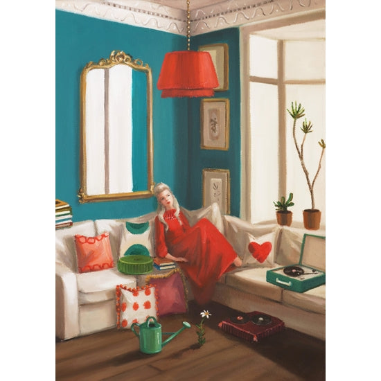 A fine art print of a stylish interior with a person lounging on a sofa, surrounded by modern decor and a large mirror on the wall, created using Janet Hill Ultrachrome archival inks.