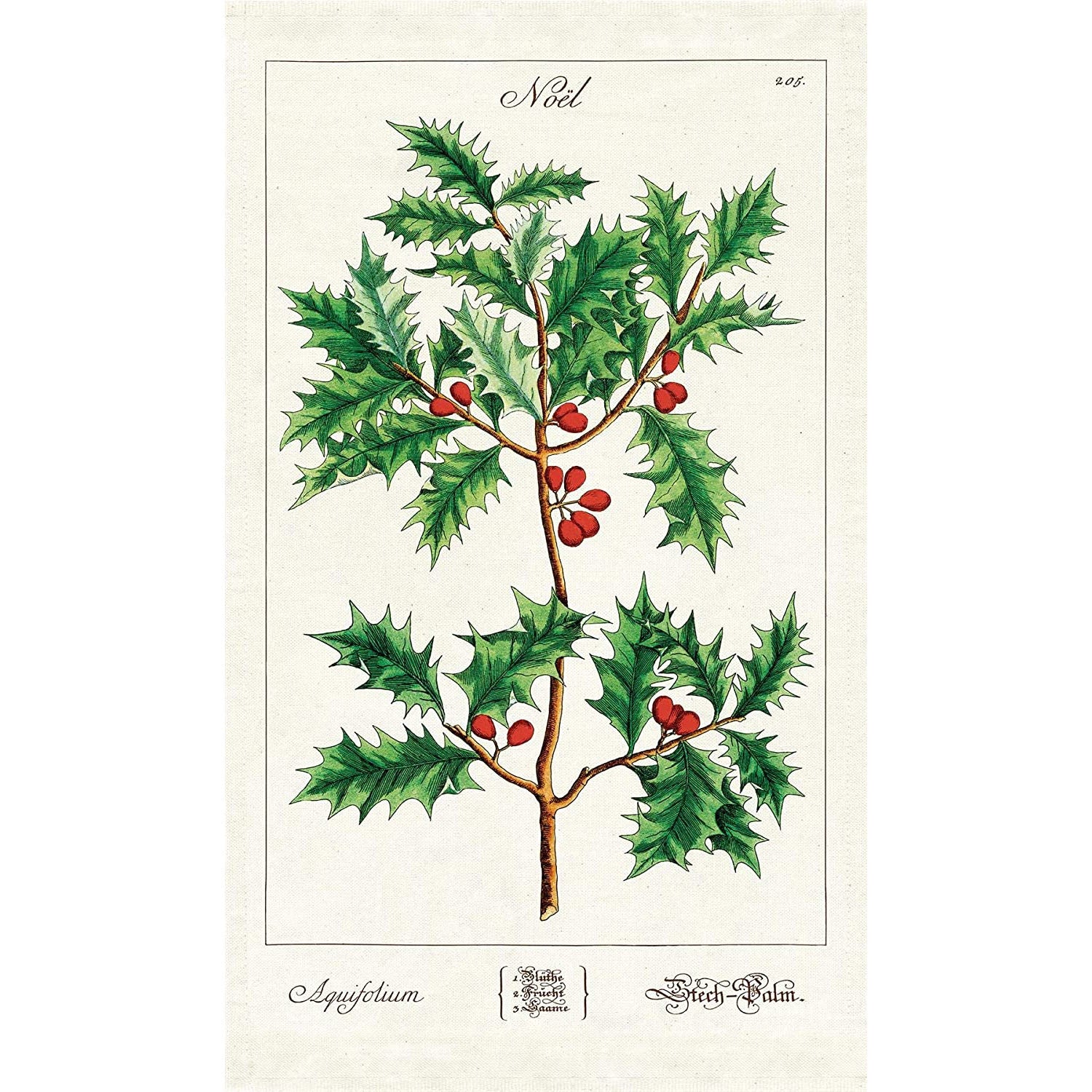 A drawing of a plant with berries on a Cavallini Papers &amp; Co Holly Tea Towel.