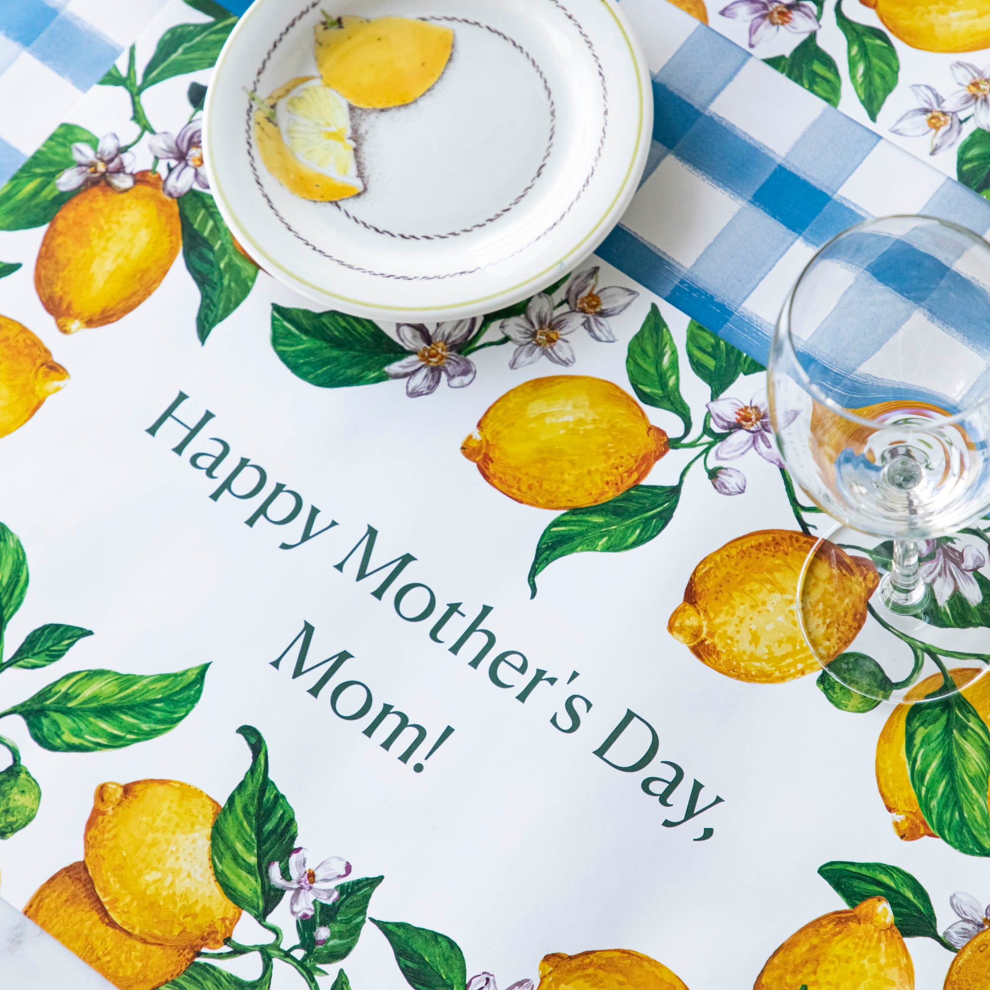 The Lemons Personalized Placemat in a place setting, with the message &quot;Happy Mother&