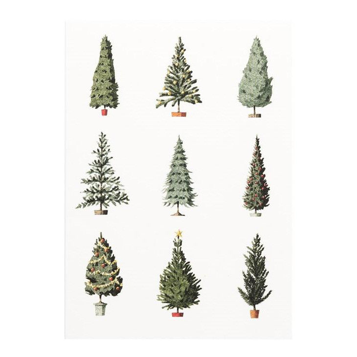 A white greeting card featuring nine different illustrated evergreen trees in pots evenly spaced in three rows.