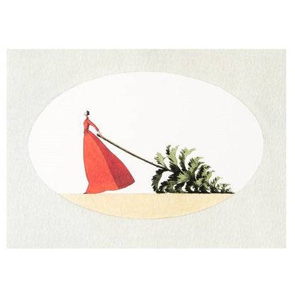 A greeting card featuring a stylized illustration of a woman in a red dress dragging a felled evergreen tree behind her.