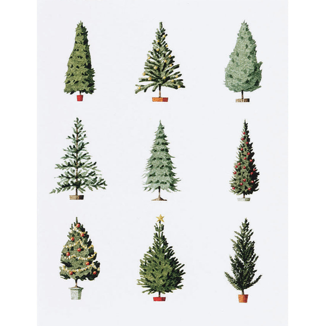 A white greeting card featuring nine different illustrated evergreen trees in pots evenly spaced in three rows.