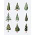 A white greeting card featuring nine different illustrated evergreen trees in pots evenly spaced in three rows.