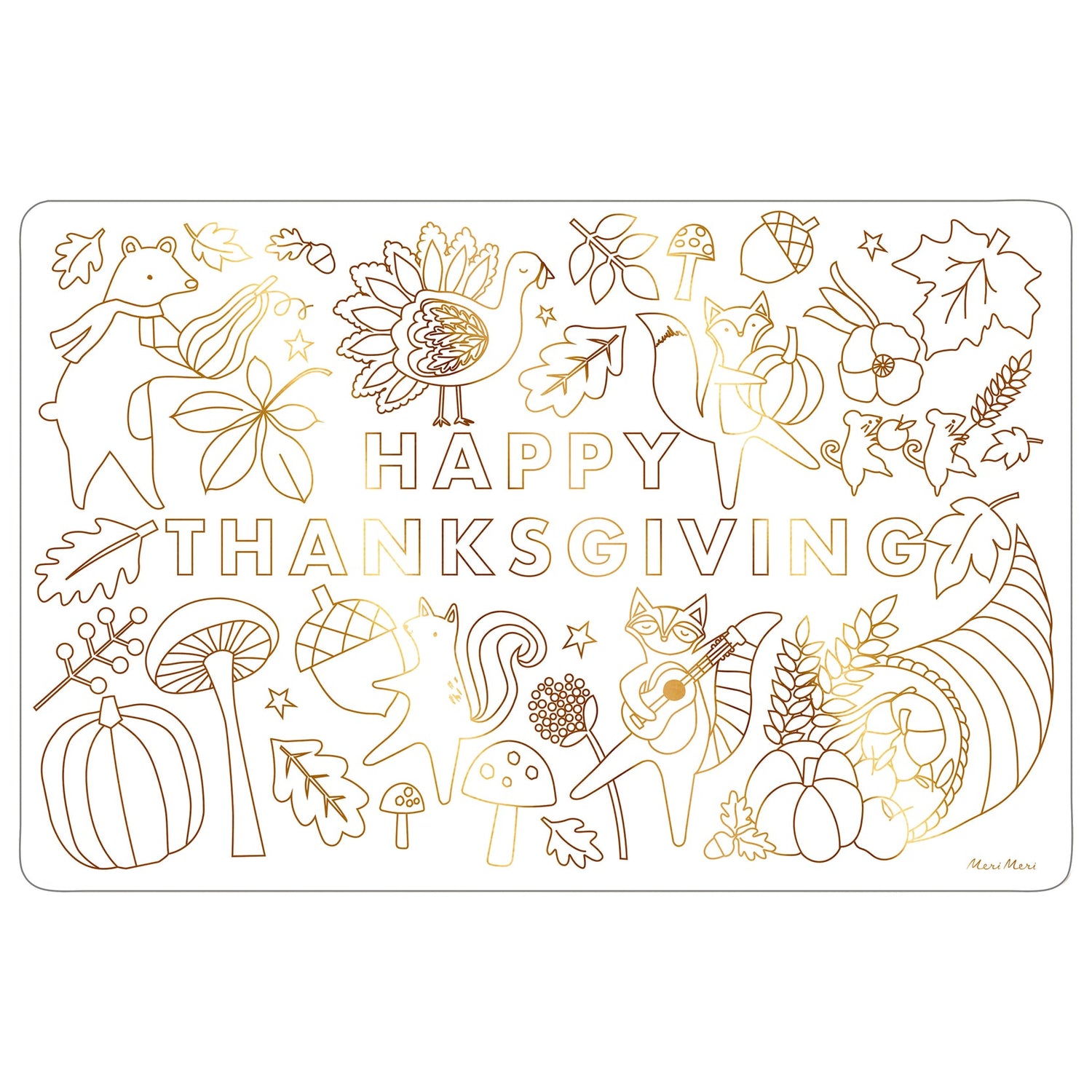 Coloring Placemat featuring woodland animals holding seasonal items with Happy Thanksgiving printed in the middle