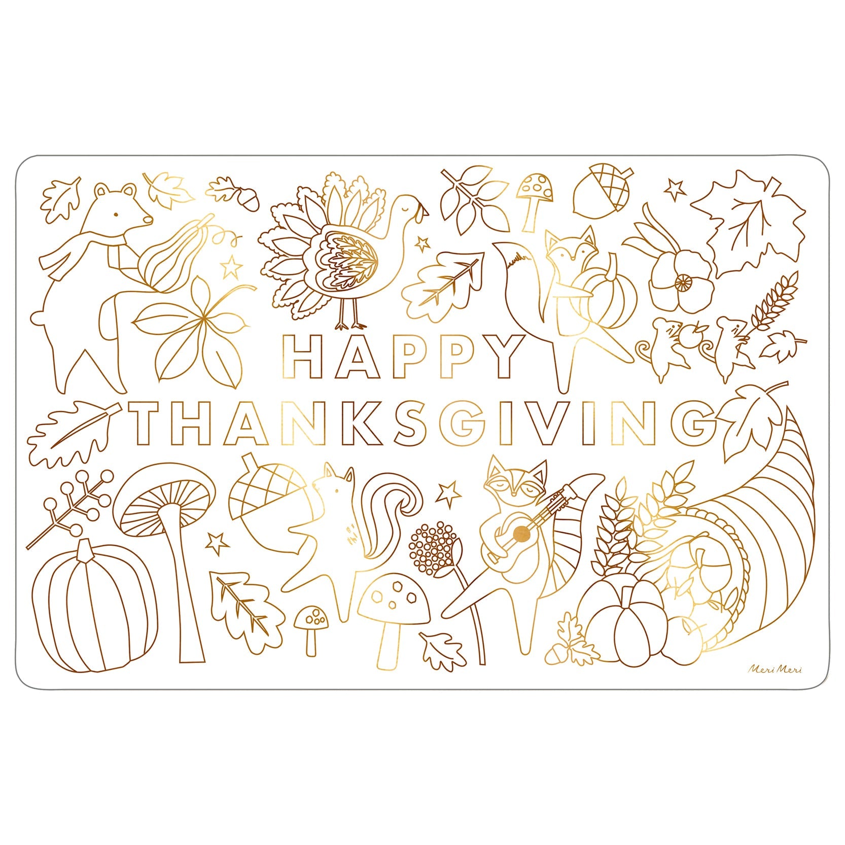 Coloring Placemat featuring woodland animals holding seasonal items with Happy Thanksgiving printed in the middle