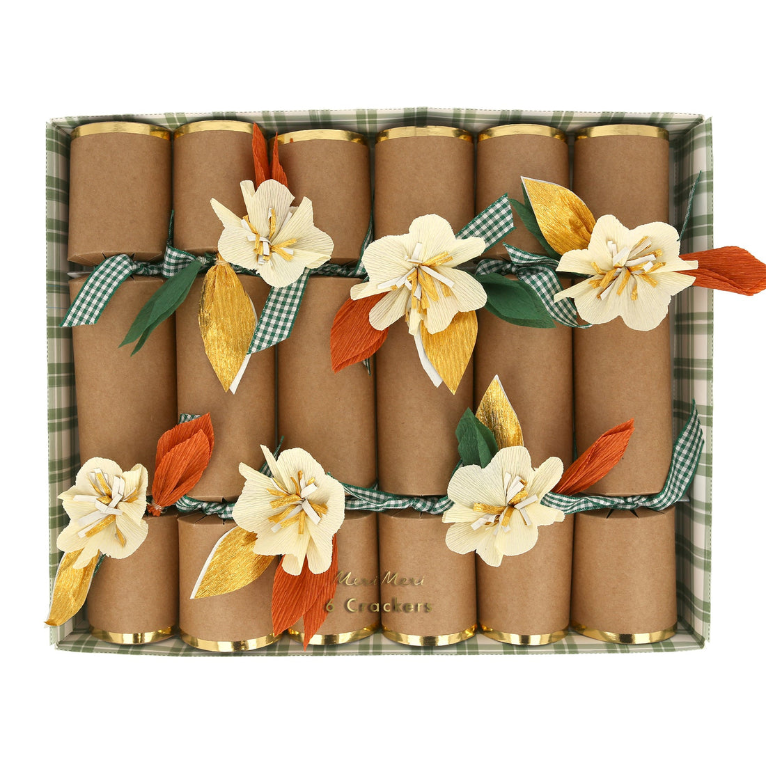 Brown paper cracker embellished with handmade crepe paper flowers and leaves, have gold foil borders and gorgeous green gingham ribbon ties