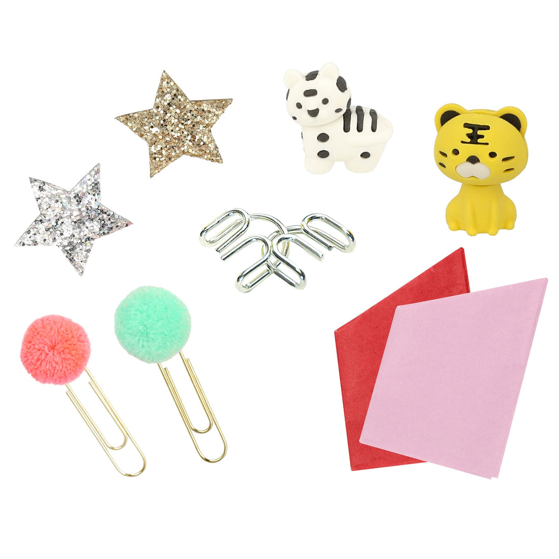 tiger erasers, gold and silver star brooches, mint and coral paper clips and a metal puzzle