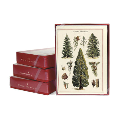 Stack of boxed cards next to a set of cards facing the camera with assorted fir trees on it.