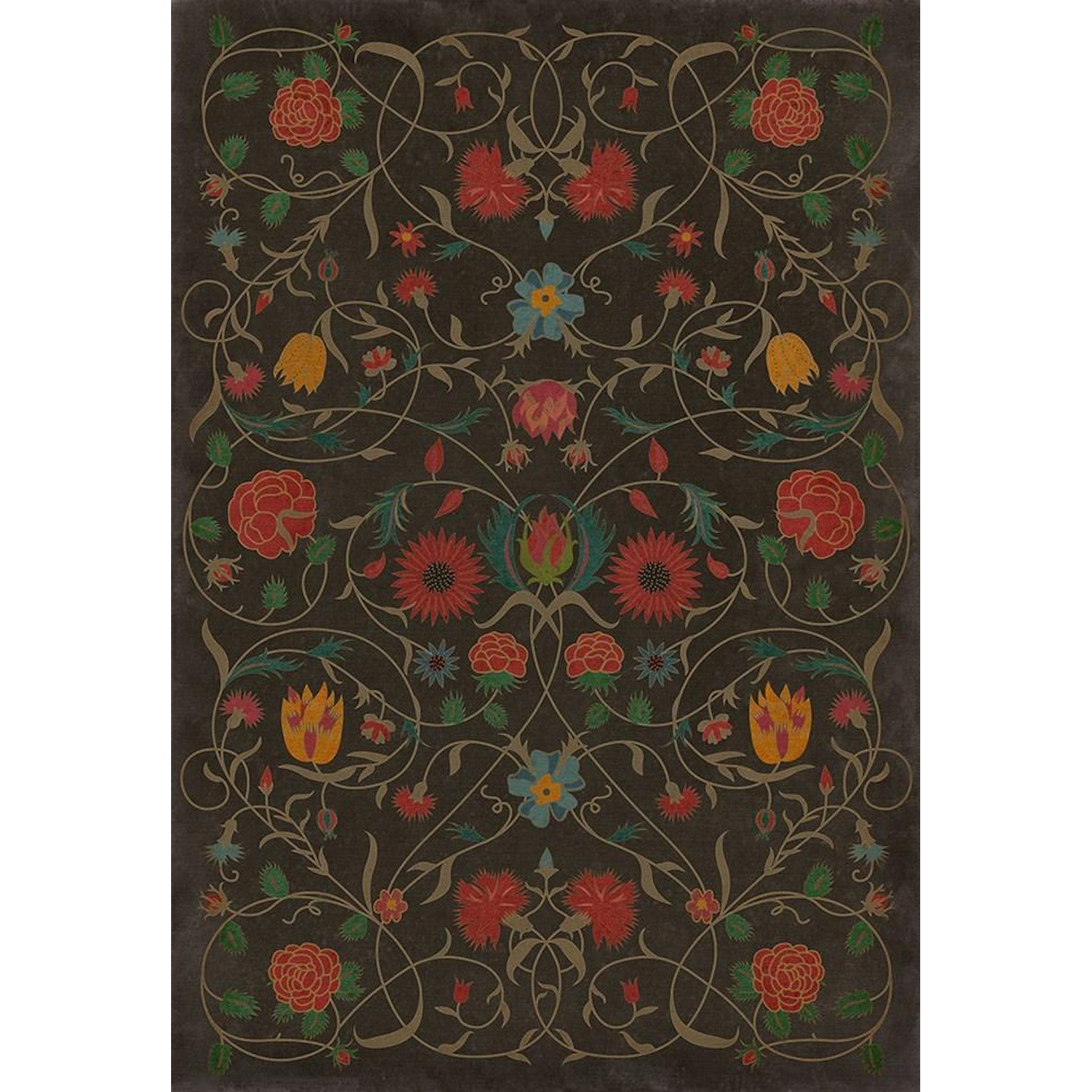 Ornate floral pattern with symmetrical design on a Williamsburg Floral Susannah Vinyl Rug by Spicher and Company.