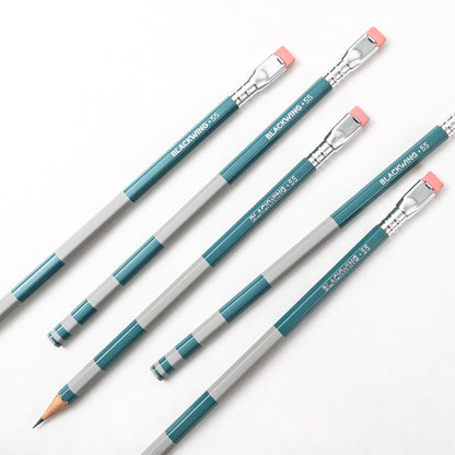 A set of Blackwing Volume 55- Tribute to the Golden Ratio pencils with a blue and white stripe on them, designed with the Golden Ratio for perfect symmetry.