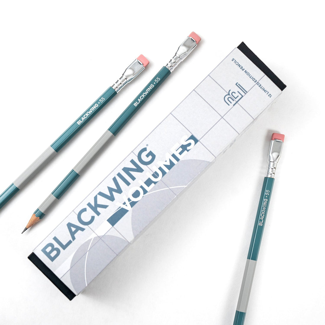 A set of Blackwing Volume 55- Tribute to the Golden Ratio pencils with a blue and white stripe on them, designed with the Golden Ratio for perfect symmetry.