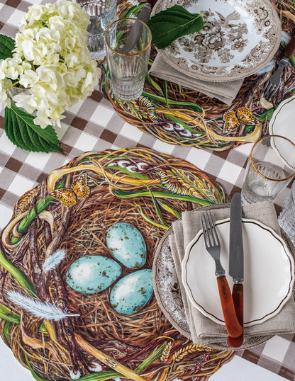 An elegant springtime table setting featuring the Brown Painted Stripe Check Runner.